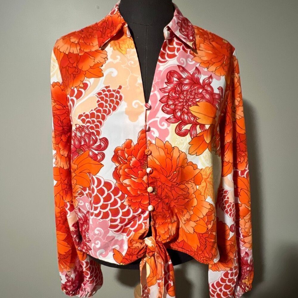 Joie Women's Orange Floral Print Long Sleeve Tie Front Cropped Blouse Medium